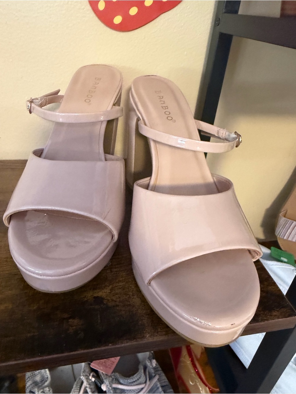 BAMBOO Blush Patent Platform Sandal with Ankle Strap